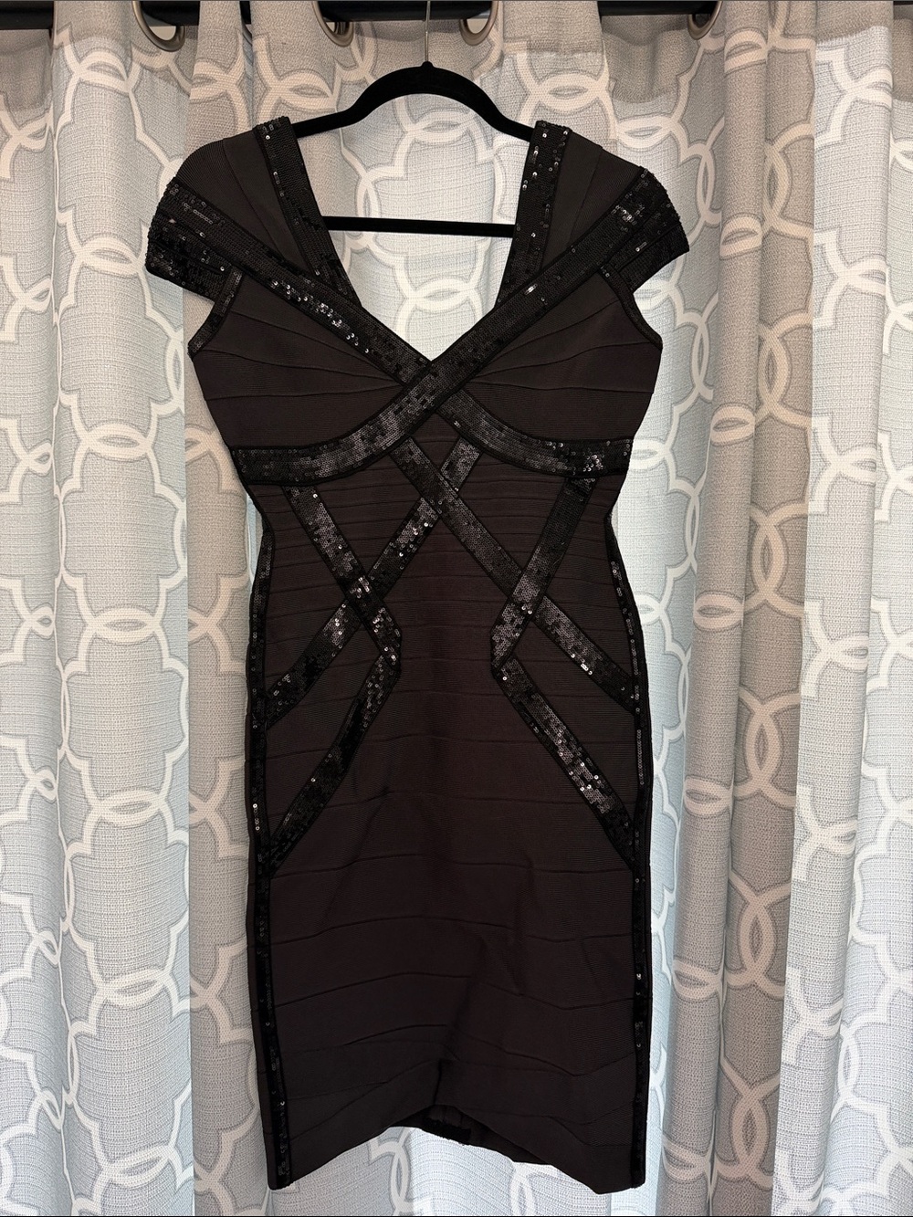 Herve Leger Black Sequin-Trim Midi Bandage Dress